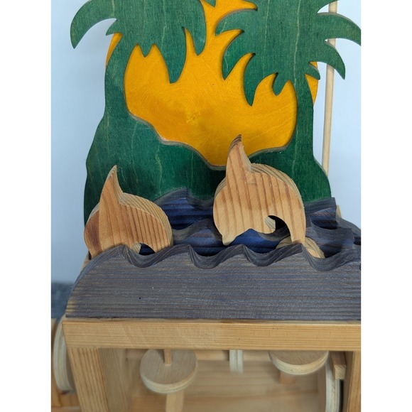 Vintage Wooden Automaton Hand Crank Wood Toy Decor Dolphin Sunset Palm Trees - Picture 5 of 14